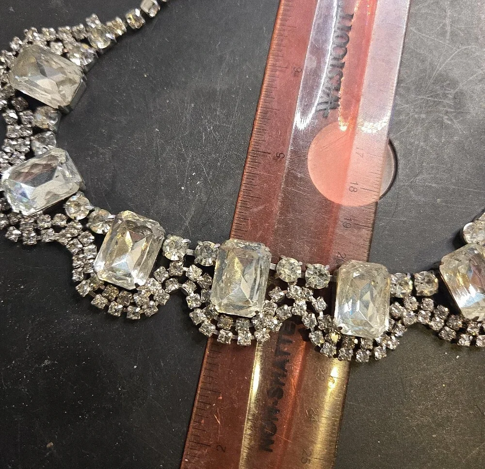 Vintage Crystal Icy Statement Necklace Silver Clear Rhinestone Collar